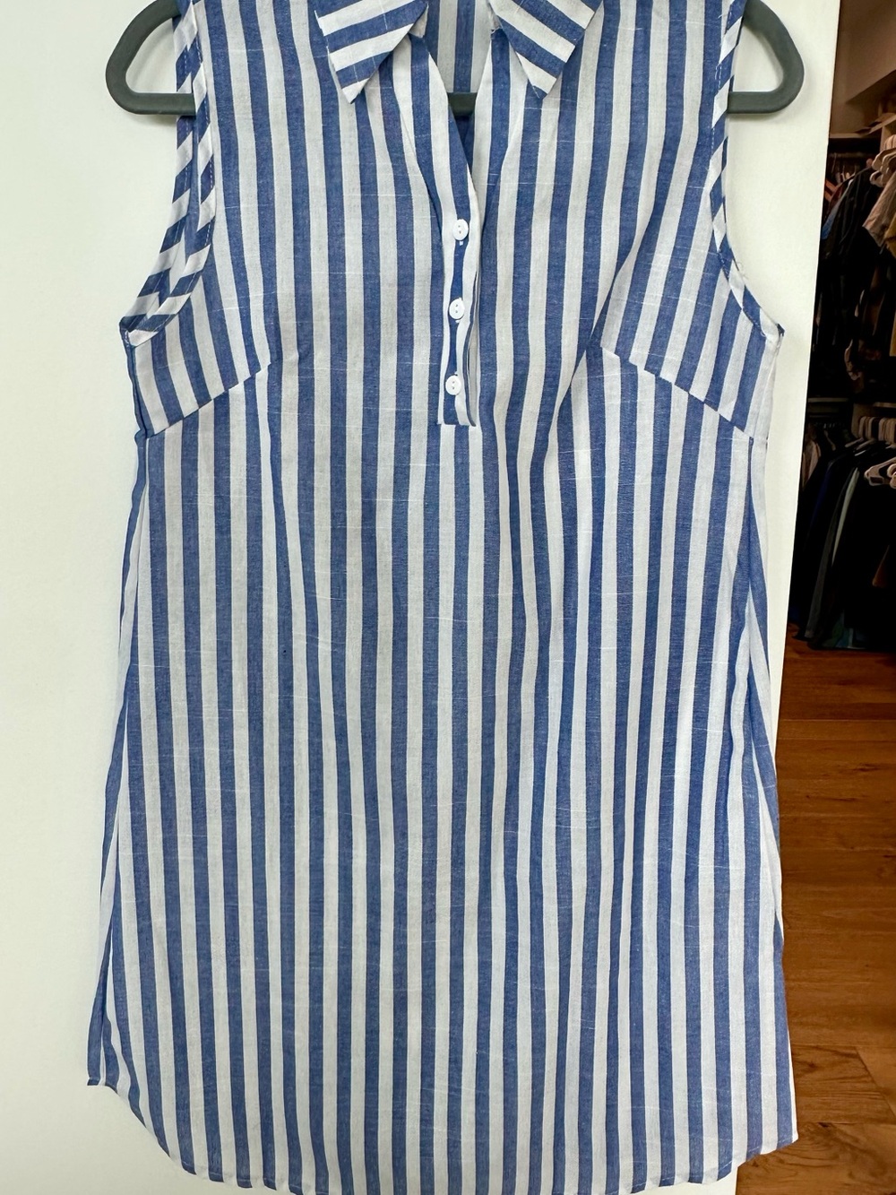 Women's Blue and White Striped Sleeveless Shirt Dress